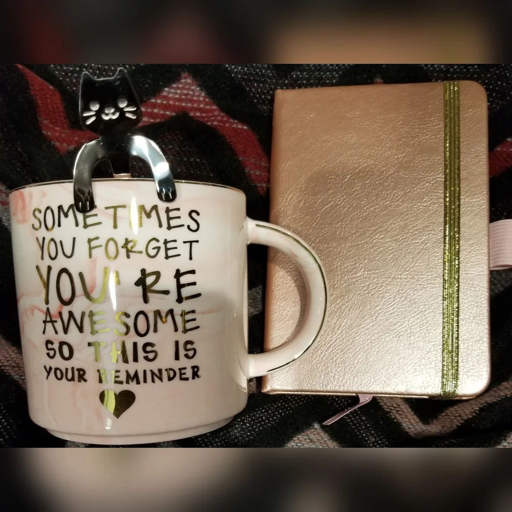Inspirational Cup, Cat Spoon & Journal Set: Sometimes You Forget You're Awes…